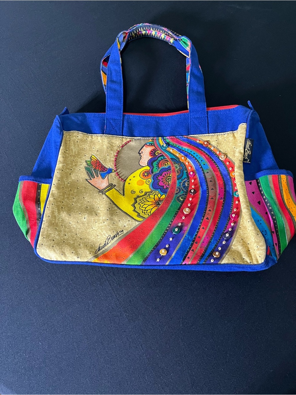 Laurel Burch Multicolor Canvas Tote with Blue Trim and Gold Panel